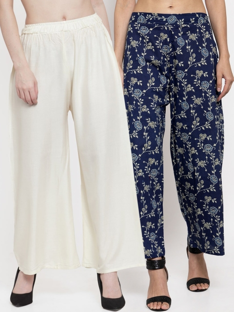

TAG 7 Women Set Of 2 Off-White & Navy Blue Printed Wide Leg Palazzos