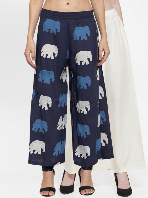 

TAG 7 Women Pack Of 2 Off-White & Navy Blue Printed Flared Palazzos
