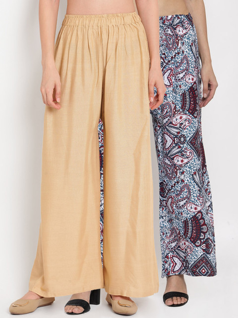 

TAG 7 Women Pack Of 2 Beige & Blue Printed Flared Palazzos