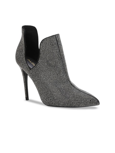 

ALDO Women Black & Grey Woven Design Embelllished Leather Heeled Boots
