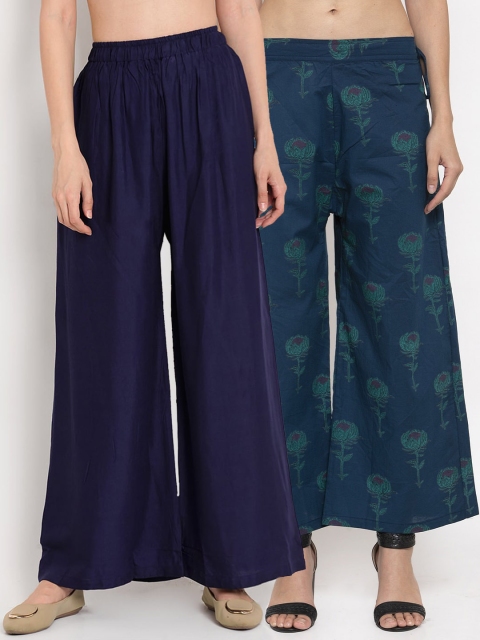 

TAG 7 Women Pack Of 2 Navy Blue Printed Flared Palazzos