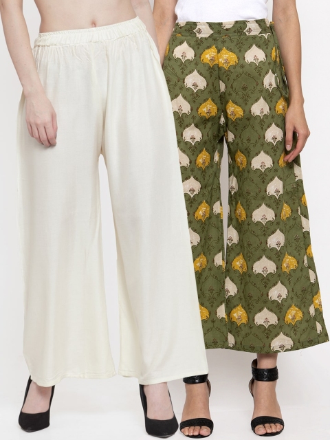 

TAG 7 Women Set Of 2 Off-White & Green Printed Wide Leg Palazzos