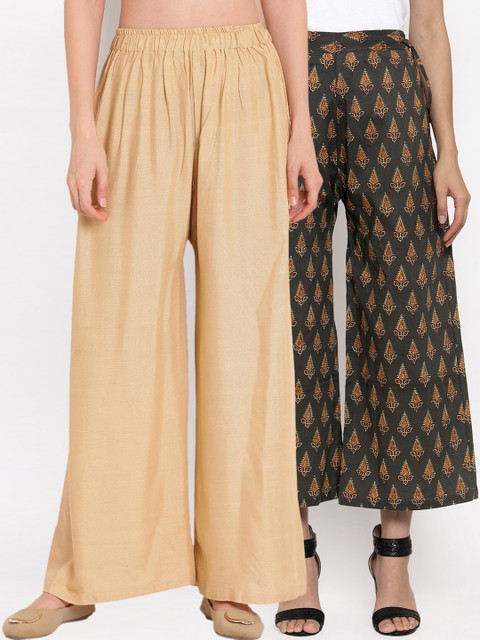 

TAG 7 Women Pack Of 2 Beige & Grey Printed Flared Palazzos