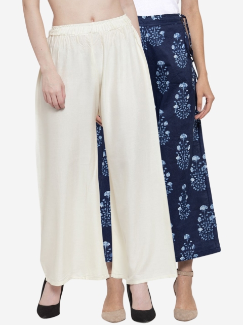 

TAG 7 Women Pack Of 2 Off-White & Navy Blue Printed Flared Palazzos