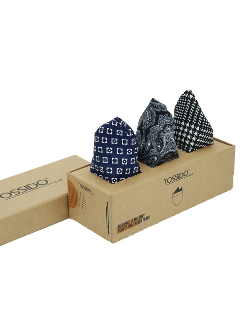 

Tossido Men Set Of 3 Navy Blue & White Printed Pocket Squares