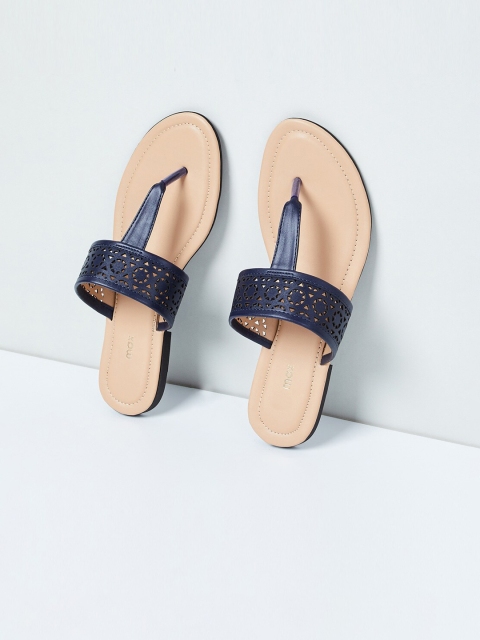 

max Women Navy Blue Solid PU T-Strap Flats