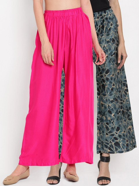 

TAG 7 Women Pink & Navy Blue Pack of 2 Printed Flared Palazzos