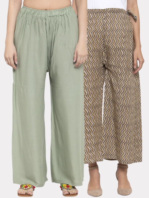 

TAG 7 Women Set Of 2 Green & Beige Printed Wide Leg Palazzos