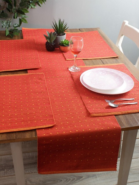 Soumya Set of 7 Red Geometric Patterned Reversible Table Mats with Runner