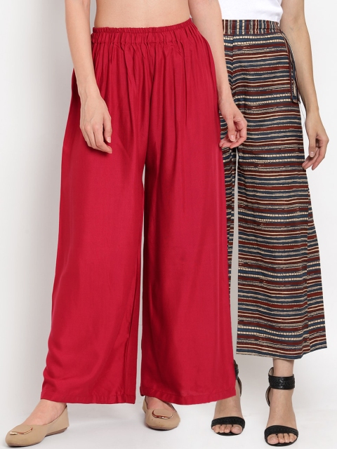 

TAG 7 Women Pack Of 2 Maroon & Beige Striped Flared Palazzos
