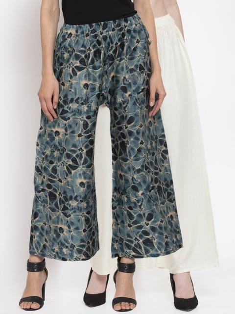 

TAG 7 Women Pack Of 2 Off-White & Blue Printed Flared Palazzos