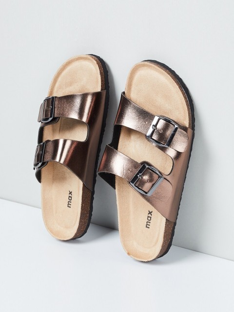 

max Women Bronze-Toned Solid PU Open Toe Flats