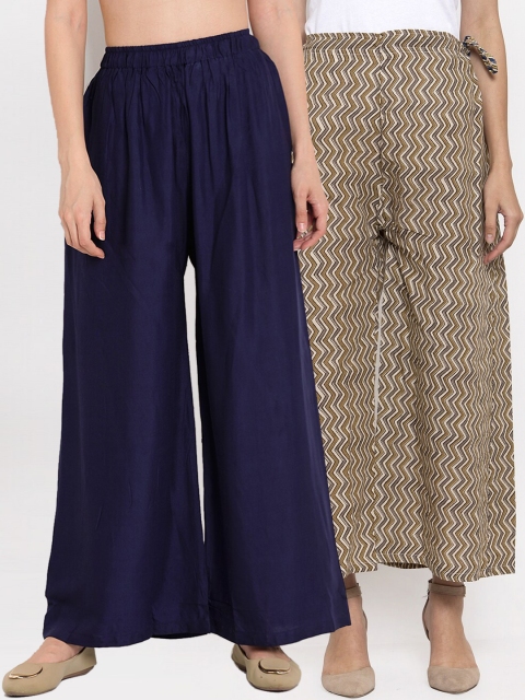 

TAG 7 Women Pack Of 2 Navy Blue & Beige Printed Flared Palazzos