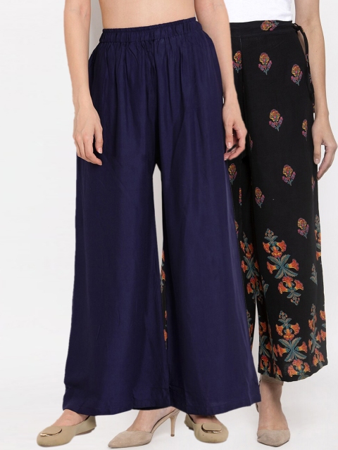 

TAG 7 Women Pack Of 2 Navy Blue & Black Printed Flared Palazzos