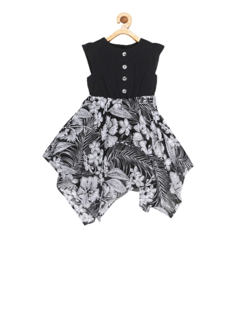 

YOUNG BIRDS Girls Black & White Floral Printed Fit and Flare Dress