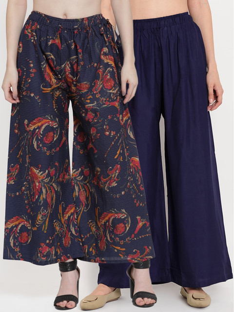 

TAG 7 Women Navy Blue & Maroon Printed Flared Palazzos