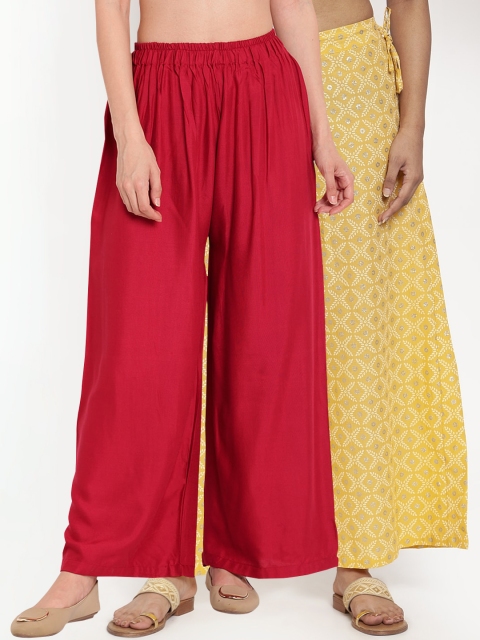 

TAG 7 Women Pack of 2 Maroon & Yellow Wide Leg Palazzos