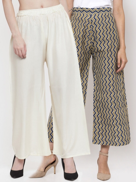 

TAG 7 Women Off-White & Navy Blue Printed Wide Leg Palazzos