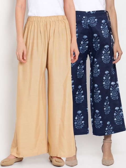 

TAG 7 Women Pack Of 2 Beige & Navy Blue Printed Flared Palazzos