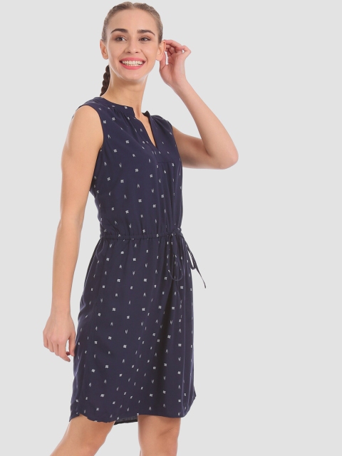 

GAP Women Navy Blue Notch Band Neck Printed Fit And Flare Dress