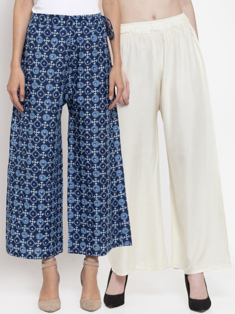 

TAG 7 Women Off-White & Navy Blue Printed Wide Leg Palazzos