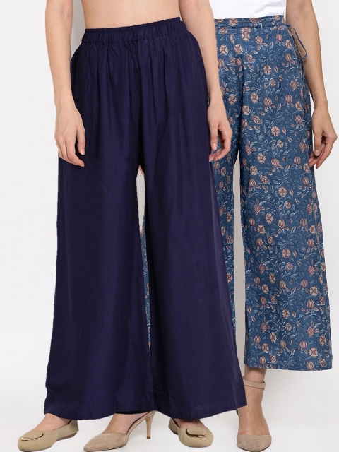 

TAG 7 Women Pack Of 2 Straight Palazzos, Navy blue