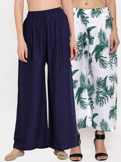 

TAG 7 Women Navy Blue & White Printed Flared Palazzos
