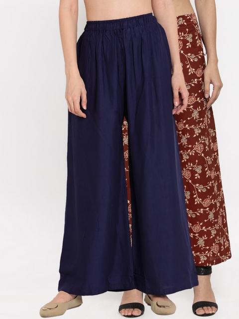 

TAG 7 Women Set Of 2 Navy Blue & Maroon Printed Wide Leg Palazzos