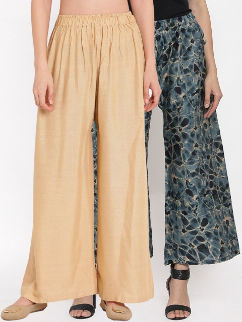 

TAG 7 Women Pack of 2 Beige & Blue Wide Leg Palazzos
