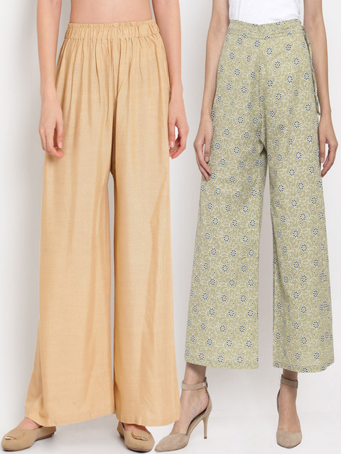 

TAG 7 Women Beige & Green Pack of 2 Printed Flared Palazzos