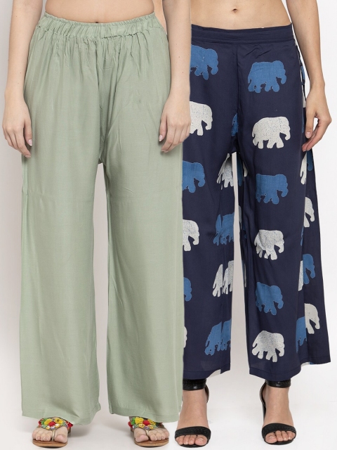 

TAG 7 Women Set Of 2 Green & Navy Blue Printed Flared Palazzos