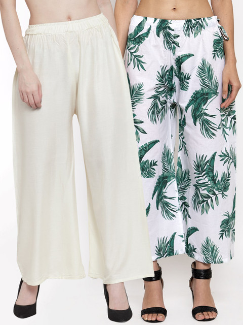 

TAG 7 Women Pack Of 2 Off-White & Green Printed Flared Palazzos