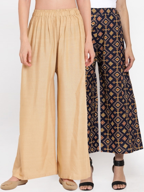 

TAG 7 Women Pack Of 2 Beige & Navy Blue Printed Flared Palazzos