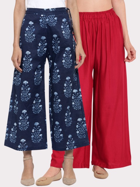 

TAG 7 Women Pack Of 2 Maroon & Navy Blue Printed Flared Palazzos