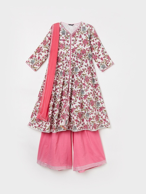 

Melange by Lifestyle Girls White & Pink Printed Kurta with Palazzos & Dupatta