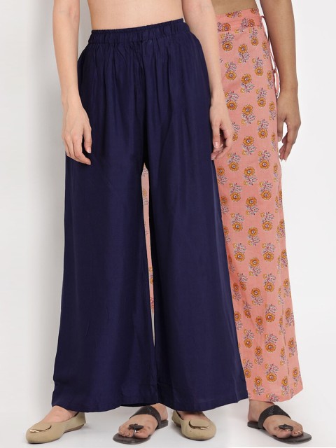 

TAG 7 Women Pack Of 2 Navy Blue & Pink Printed Flared Palazzos
