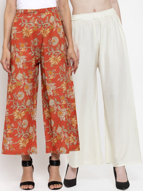 

TAG 7 Women Pack of 2 Off-White & Peach-Coloured Wide Leg Palazzos