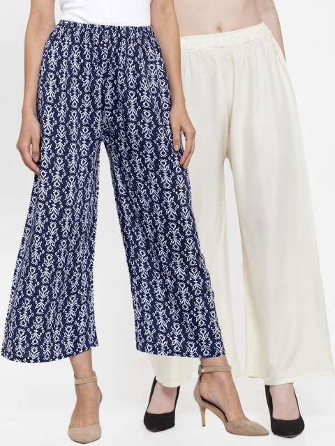 

TAG 7 Women Pack Of 2 Off-White & Navy Blue Printed Flared Palazzos