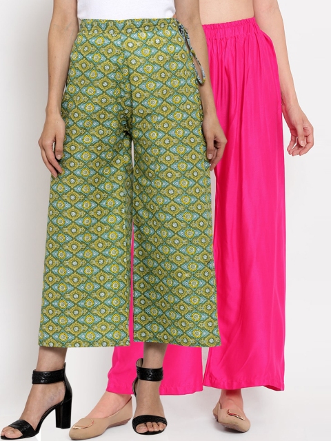 

TAG 7 Women Pink & Green Pack of 2 Printed Flared Palazzos