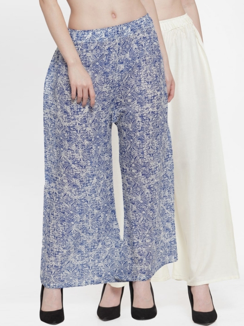 

TAG 7 Women Pack Of 2 Off-White & Blue Printed Flared Palazzos