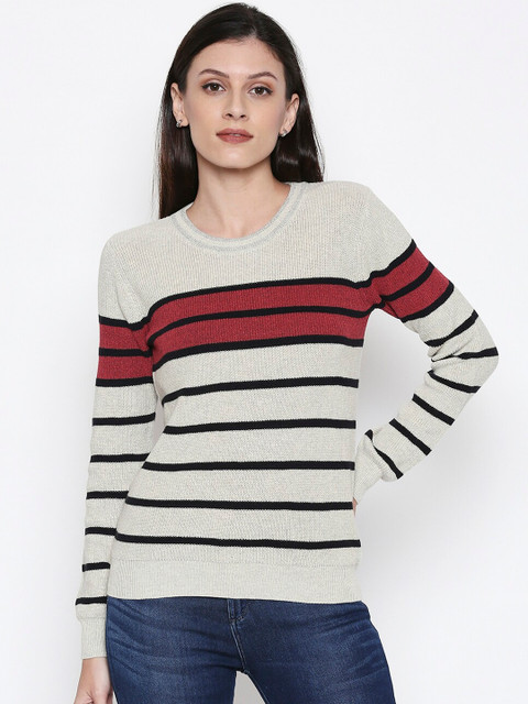 

Manola Women Grey Melange & Black Striped Pullover Sweater