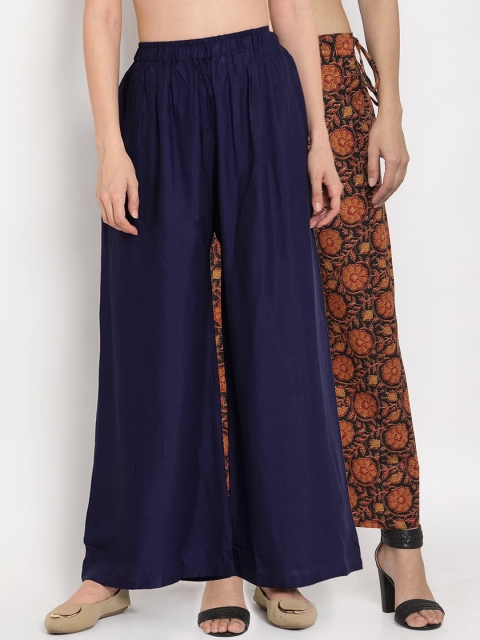 

TAG 7 Women Pack of 2 Navy Blue & Rust Orange Wide Leg Palazzos