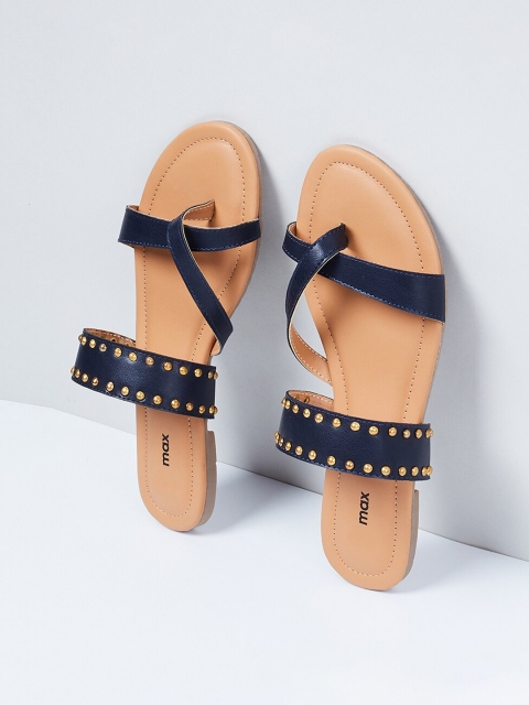 

max Women Navy Blue Embellished PU Open Toe Flats