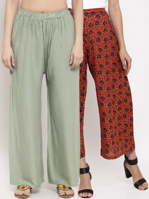 

TAG 7 Women Set Of 2 Green & Red Printed Wide Leg Palazzos