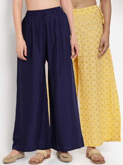 

TAG 7 Women Set Of 2 Navy Blue & Yellow Printed Wide Leg Palazzos