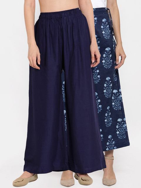 

TAG 7 Women Pack Of 2 Navy Blue & Off-White Printed Flared Palazzos