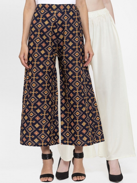 

TAG 7 Women Pack Of 2 Off-White & Navy Blue Printed Flared Palazzos