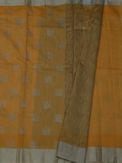 

Pothys Yellow & Silver-Toned Silk Cotton Solid Saree