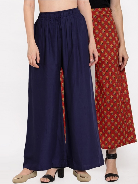 

TAG 7 Women Pack Of 2 Navy Blue & Red Printed Flared Palazzos