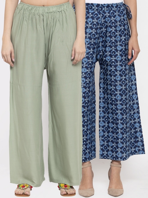 

TAG 7 Women Pack Of 2 Flared Palazzos, Green